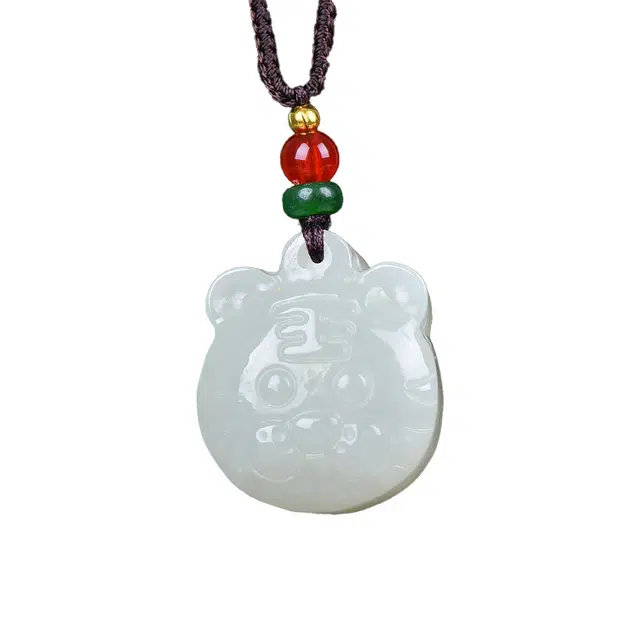 舒杰 和田玉白玉招财生肖虎项链吊坠挂件男女同款情侣款 中式本命年