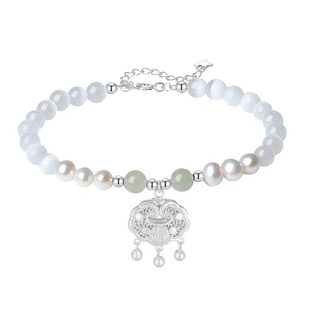 希缘 足银如意平安锁手饰国潮新中式复古风轻奢小众精致锁包 猫眼石 玉石手链 女款