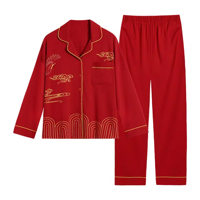 橡柠派 春秋款简约开衫翻领情侣款吉祥祥云纹新婚结婚纯色本命年套装棉长袖长裤家居套装 男女同款 正红色