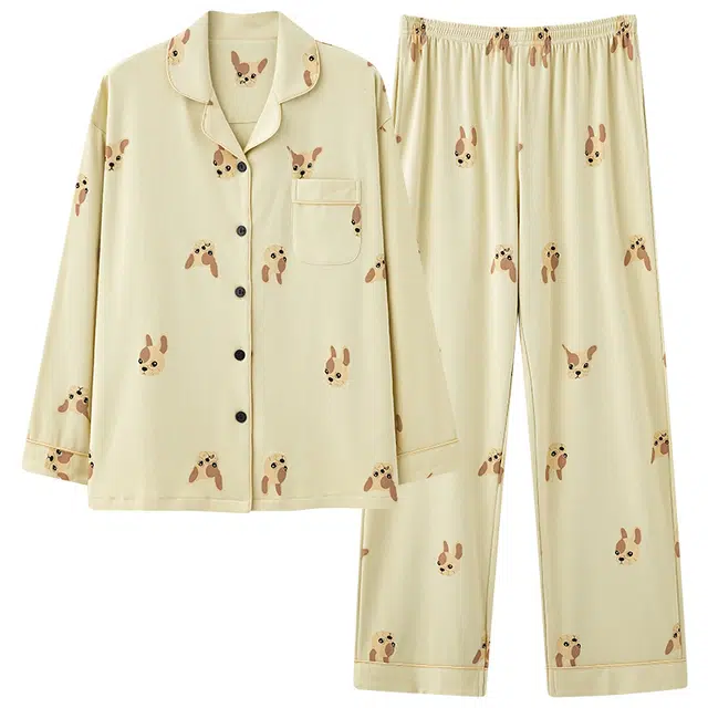 顶瓜瓜 小狗图案满印单排扣翻领长袖松紧腰直筒长裤睡衣套装 女款