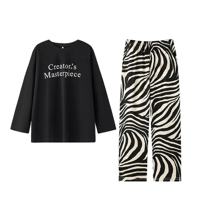 贝妍 简约风斑马纹睡衣柔软可外穿大码家居服套装 女款