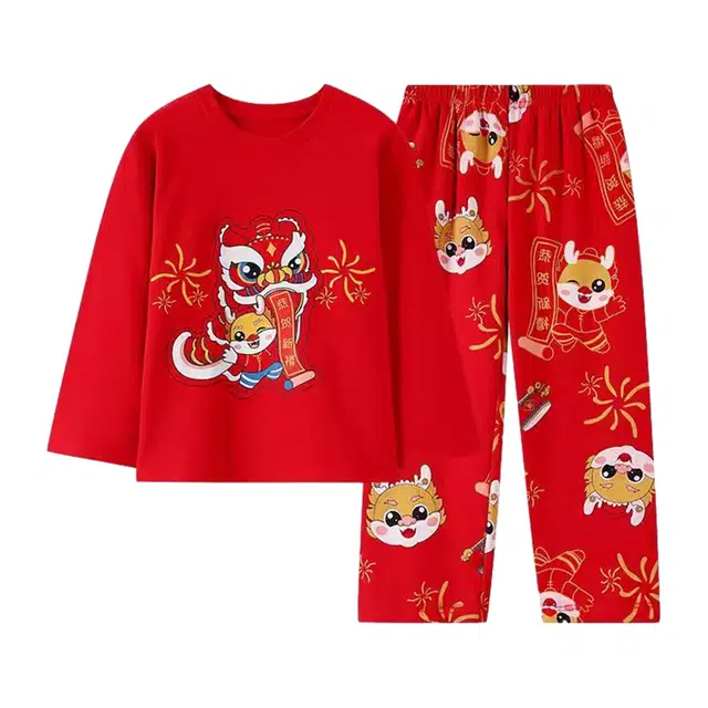 橡柠派 春秋款简约龙年带胸垫本命年套头圆领纯棉大红中新年可爱龙本命年套装纯棉甜美纽扣喜庆长袖长裤家居套装 女款 正红色