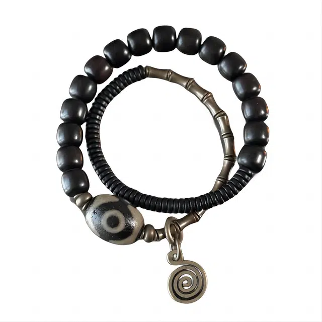 玉临门 复古民族风个性手工雕刻双层国风潮流 合金 手串 男女同款情侣款 黑檀