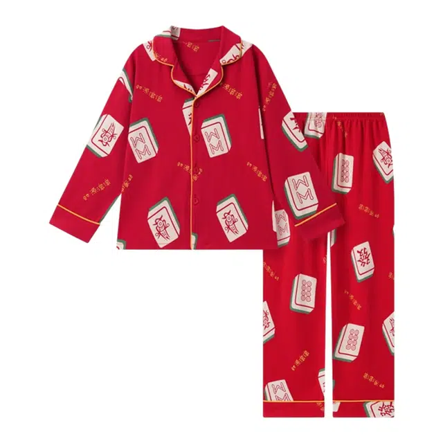橡柠派 春秋款简约龙年开杉翻领大红中新年麻将本命年套装纯棉甜美纽扣喜庆长袖长裤家居套装 女款 正红色