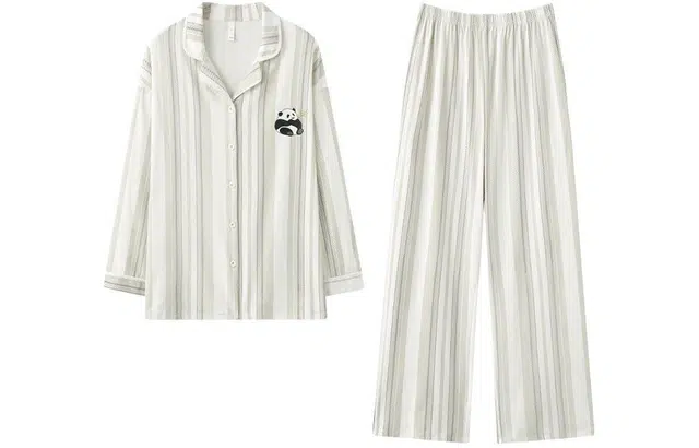 怡吾色 抗菌棉条纹系列 春秋季超柔长袖睡衣家居服萌趣开衫时尚简约条纹可外穿家居套装 情侣款 牙白色