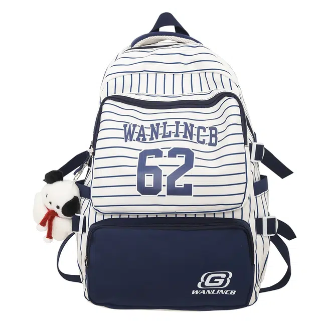 德力熊女生多色尼龙日系潮酷大容量双肩包条纹字母背包休闲百搭初高中学生书包