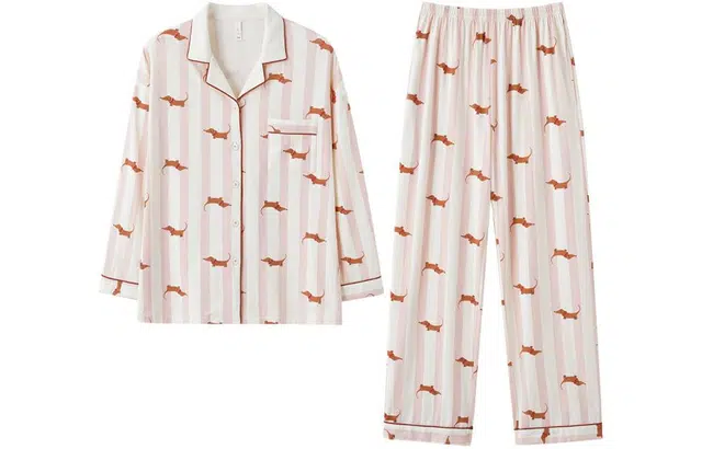 怡吾色 抗菌棉条纹系列  长袖情侣睡衣男女家居服简约宽松可外穿家居套装 春秋 萌趣印花开衫女款睡衣