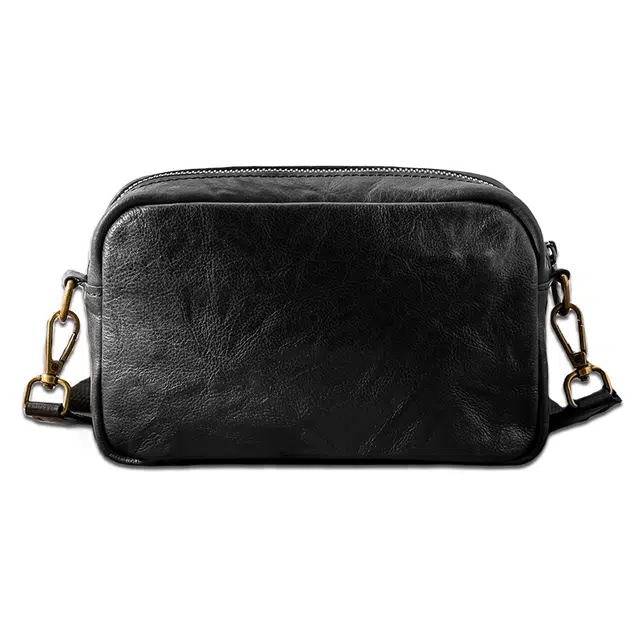 后步 原创不撞款设计时尚简约韩版休闲通勤横款日常 头层植鞣牛皮真皮 斜挎包邮差包小方包单肩包 小号 男女同款情侣款 黑色