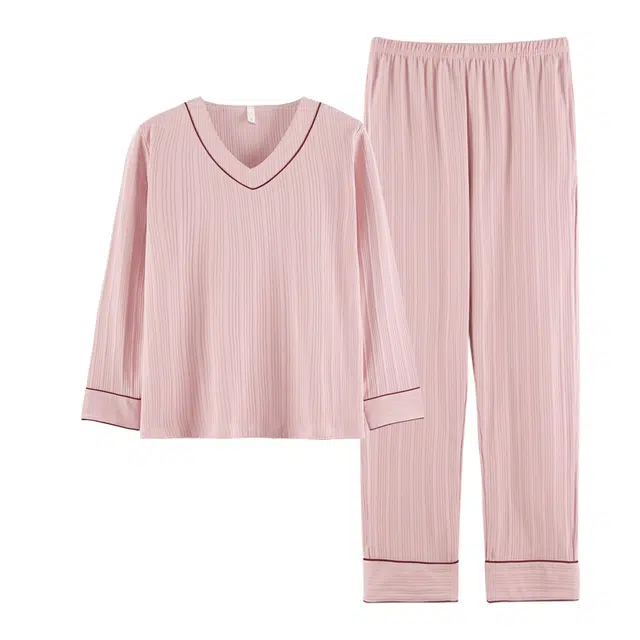 睦隆世家 春秋季女士双面纯棉长袖可外穿纯色家居服套装  女款睡衣  粉色