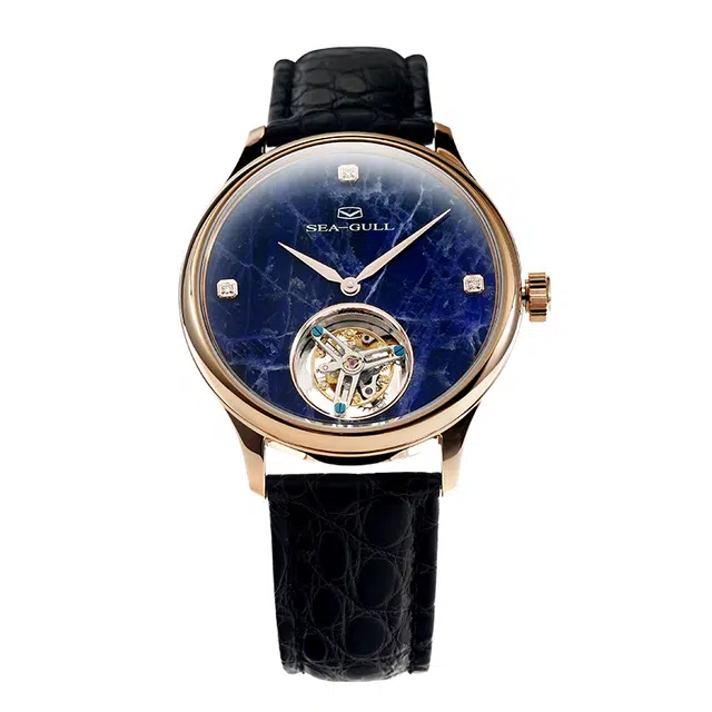海鸥蓝纹玉男士钻石陀飞轮腕表 蓝色表盘 手动机械机芯 男表 国表