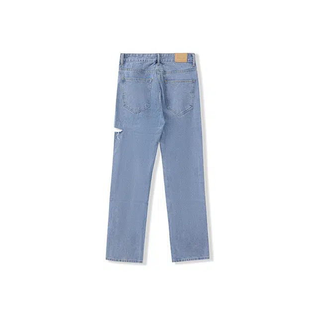 我是大卫 破洞设计宽松休闲直筒牛仔裤 男女同款 浅蓝色