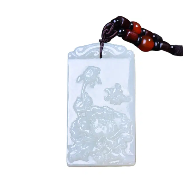 舒杰 富贵昌盛牡丹花牌  中式国风 和田玉 项链 男女同款情侣款 白玉