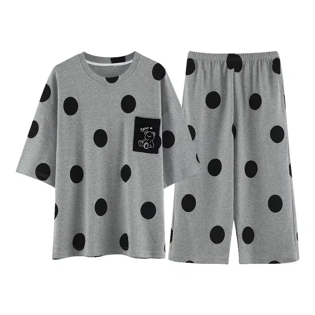 睦隆世家 短袖女士纯棉休闲波点睡衣夏季可外穿七分裤家居服套装  女装  灰色