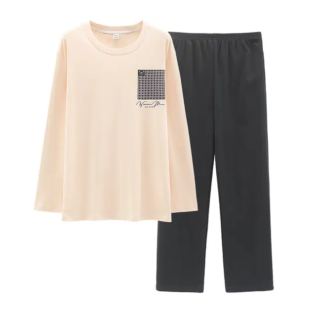 睦隆世家 男士双面纯棉长袖休闲宽松套装全棉春秋季可外穿家居服 男款 米色