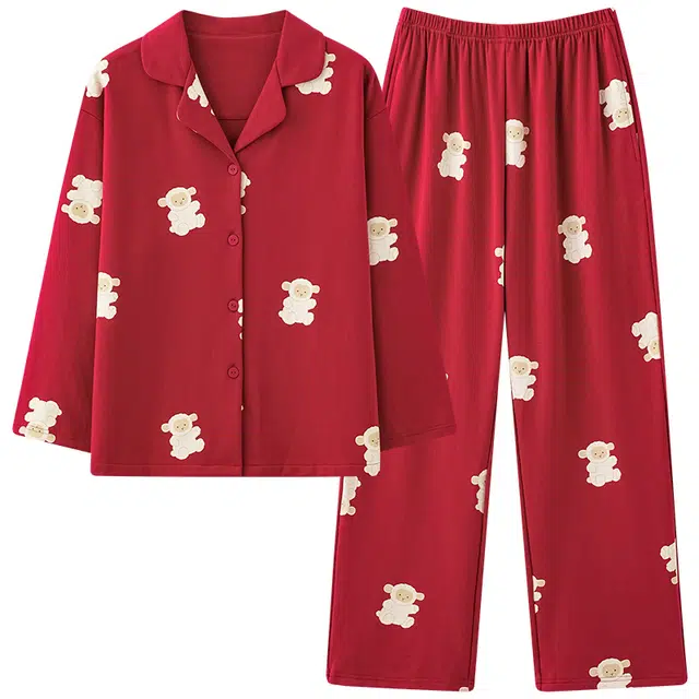 帕兰朵 简约时尚宽松舒适春秋长袖薄款男女可外穿居家睡衣可爱休闲印花开衫长袖  家居服套装  情侣款  红色