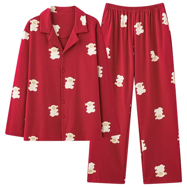 帕兰朵 简约时尚宽松舒适春秋长袖薄款男女可外穿居家睡衣可爱休闲印花开衫长袖  家居服套装  情侣款  红色