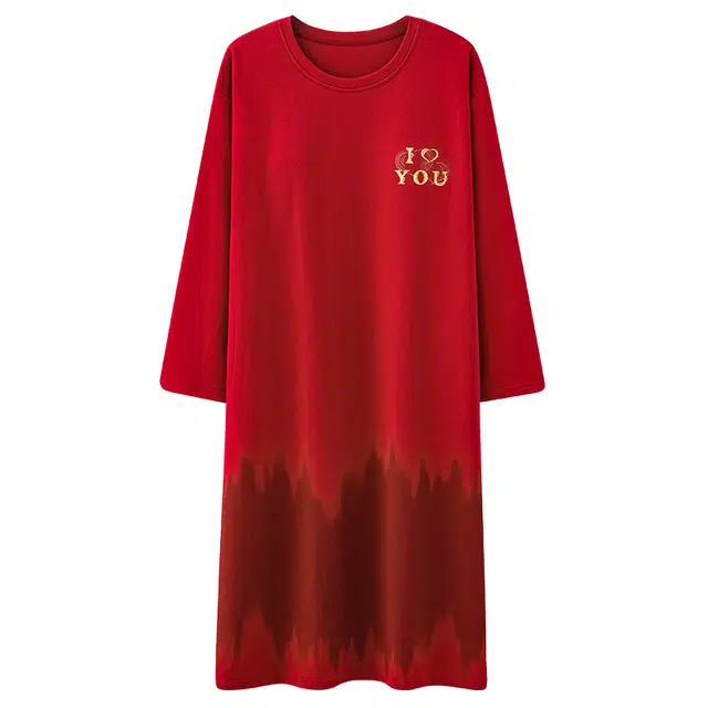 帕兰朵 休闲中长款宽松舒适居家纯色简约个性字母设计带胸垫不跑杯长袖睡衣  家居服套装  情侣款  红色