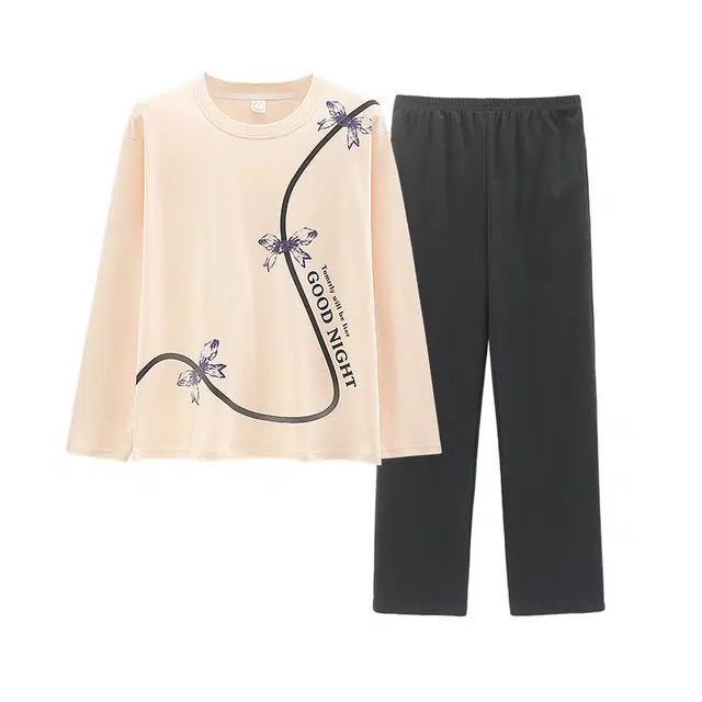 睦隆世家 春秋季女士纯棉睡衣长袖长裤休闲可外穿套头女睡衣  家居套装  杏色