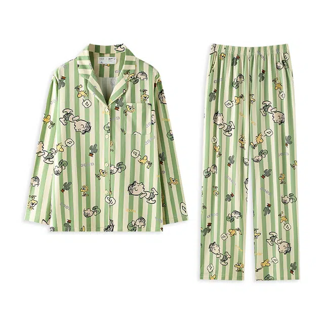 贝妍 史努比小清新条纹大码柔软莫代尔棉睡衣套装 女款 图片