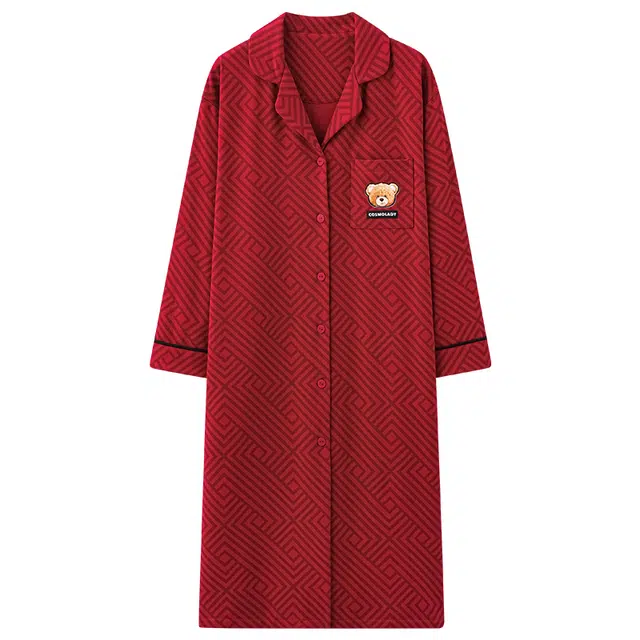 帕兰朵 长袖居家中长款开衫简约休闲睡裙女宽松舒适薄款时尚花纹睡衣春秋  家居服套装  情侣款  红色