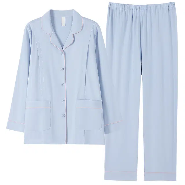 帕兰朵 舒适亲肤月子服睡衣长袖春秋薄款居家休闲简约纯色可爱产前产后哺乳期  家居服套装  女款  蓝色