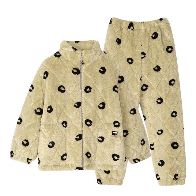 歌倩雅 三层夹棉珊瑚绒甜酷风拉链长袖上衣长裤睡衣套装 女款 豆绿