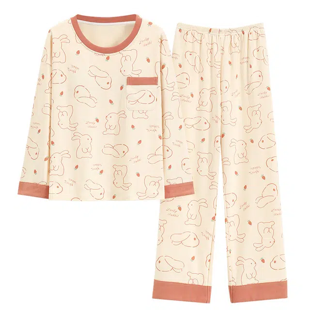 睦隆世家 春秋季女士休闲可外穿长袖长裤圆领套头宽松甜美家居服套装  女睡衣  杏色