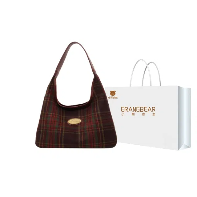 小熊依恋 纯色复古百搭时尚单肩包包女斜挎包潮流托特包 格子布