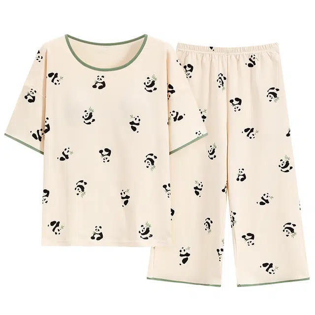 睦隆世家 睡衣女短袖夏季纯棉带胸垫休闲薄款可外穿夏天全棉家居服  套装  杏色