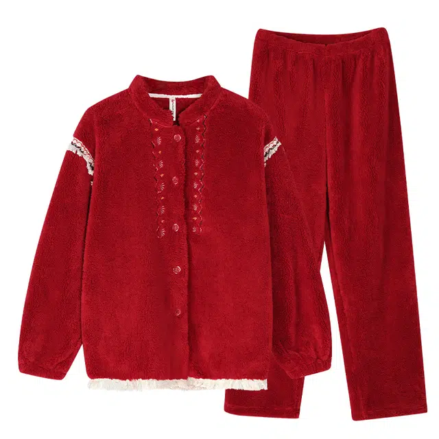 歌倩雅 珊瑚绒加厚民族风设计长袖长裤睡衣套装 女款 红色