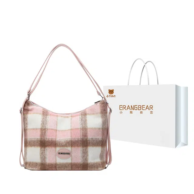 小熊依恋 格纹大包包女时尚设计背包毛呢休闲百搭女士单肩包 毛呢