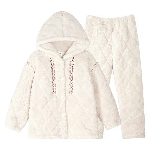 歌倩雅 珊瑚绒素舒适细腻柔和亲肤睡衣套装 女款 柔光米民族风