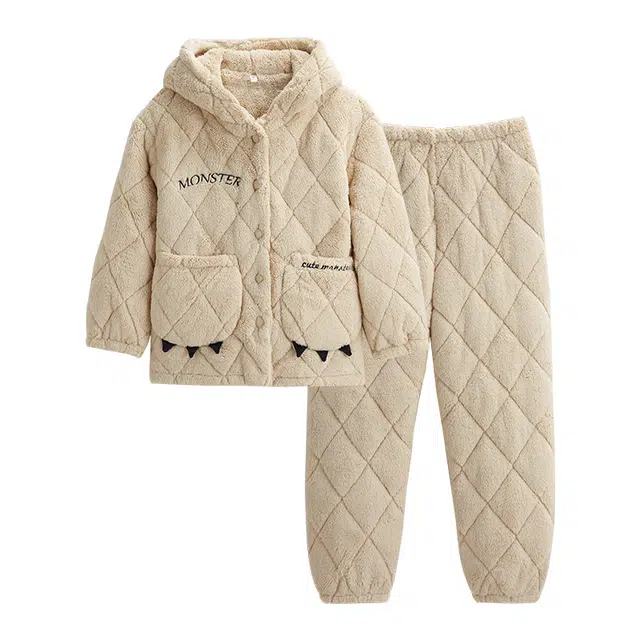 歌倩雅 珊瑚绒舒适保暖细腻上衣亲肤长裤睡衣套装 女款 奶油杏