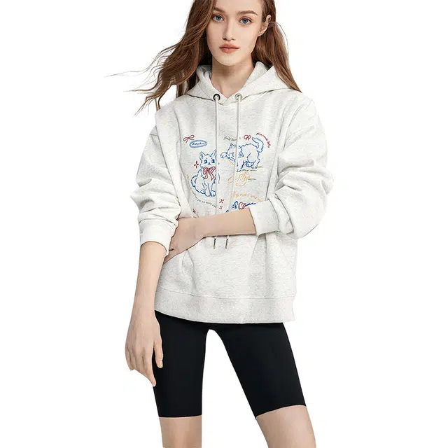 她池 休闲卡通动漫印花连帽落肩套头卫衣 女款 浅花灰