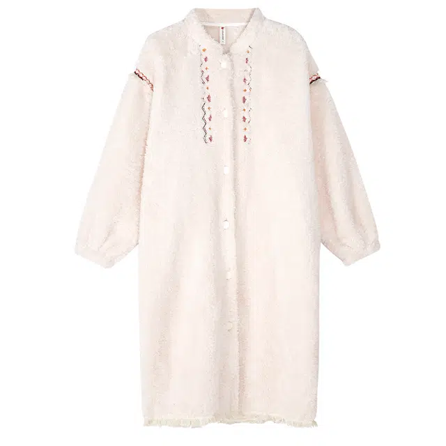 歌倩雅 珊瑚绒加厚民族风纯色长款睡袍 女款 柔光米民族风