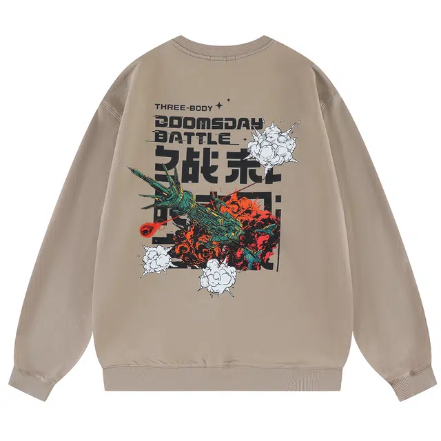 三体 末日之战系列 休闲纯色简约字母印花圆领套头宽松复古美式长袖重磅卫衣 男女同款