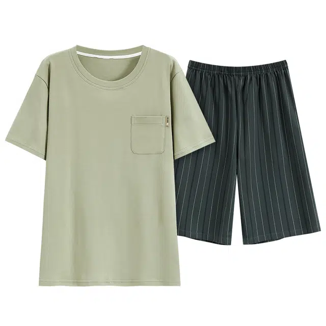 睦隆世家 男士短袖棉质夏季薄款睡衣短裤大码青少年可外穿休闲睡衣套装 男款 浅绿色