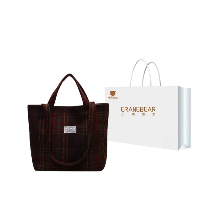 小熊依恋 简约单肩包大容量通勤学生 格子布 腋下包时尚格纹托特包包 女款