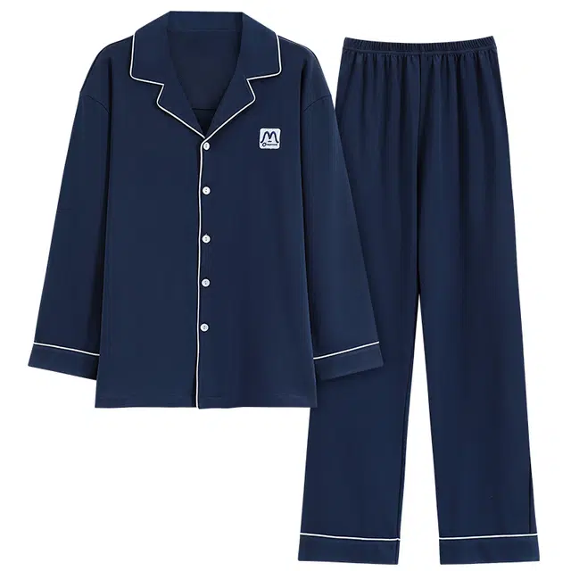 睦隆世家 大码外穿全棉长袖长裤冬天开衫睡衣套装 男款 藏青色