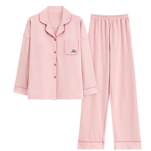 睦隆世家 春秋季甜美长袖纯棉翻领女士可外穿休闲睡衣翻领开衫女全棉家居服套装  女款  粉色