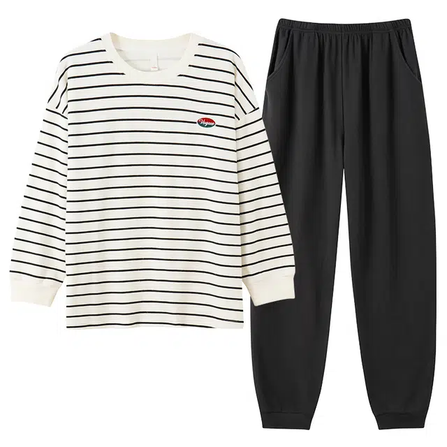 帕兰朵 宽松长袖睡衣居家舒适简约时尚线条小熊可外穿轻奢可爱开衫薄款  家居服套装  女款  白色条纹