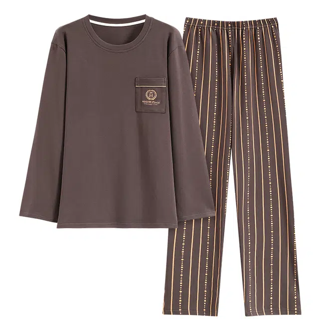 睦隆世家 春秋季男士长袖纯棉可外穿睡衣休闲男青年宽松全棉家居服 男款 棕色