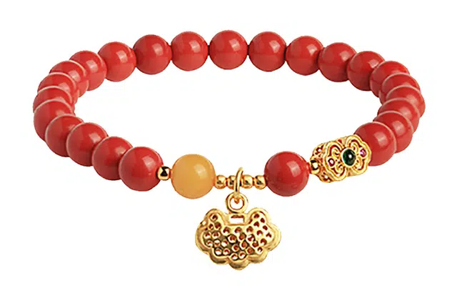 小银匠 长命锁国风 再造辰砂朱砂 玉石手串 女款
