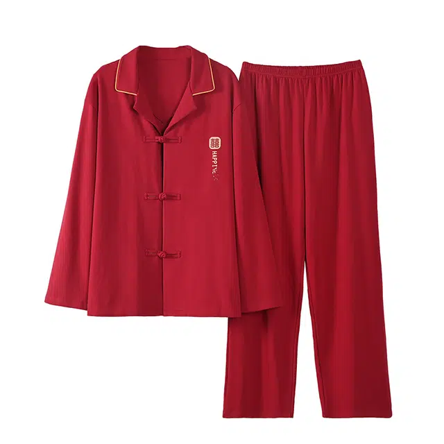 帕兰朵 纯色简约休闲新中式纯棉透气薄款长袖开衫居家睡衣宽松可外穿时尚  家居服套装  男款  红色