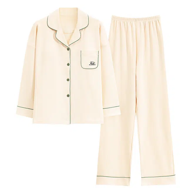 睦隆世家 睡衣女春秋季纯棉翻领开衫长袖韩版简约柔感家居服套装秋冬款  女款  杏色