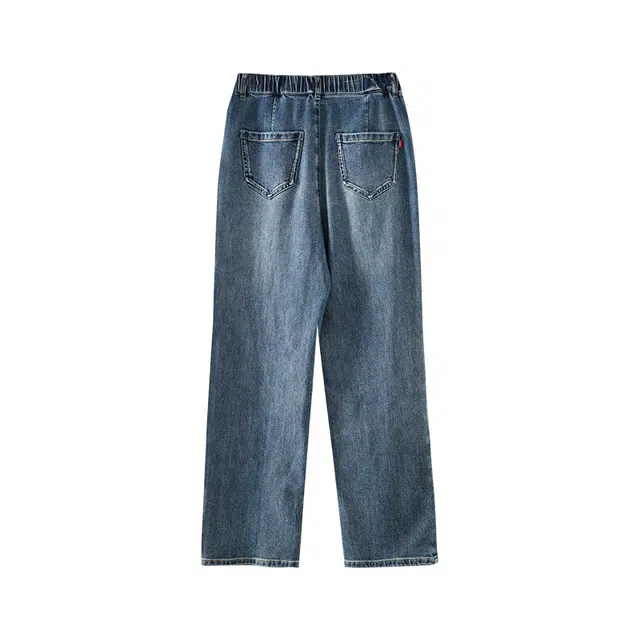 娅丽达 水洗高腰拉链宽松阔腿直筒牛仔裤 女款