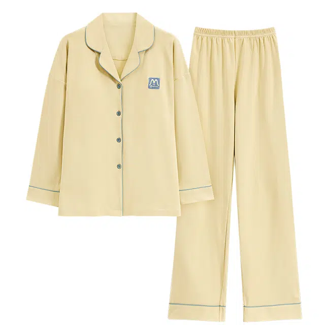 睦隆世家 春秋季长袖纯棉翻领女士可外穿休闲睡衣翻领开衫女全棉家居服套装  女款  香槟色