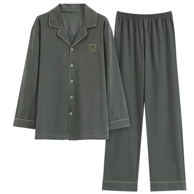 睦隆世家 春秋季男士纯棉翻领开衫休闲大码可外穿全棉长袖长裤家居服睡衣套装 男款 深灰色