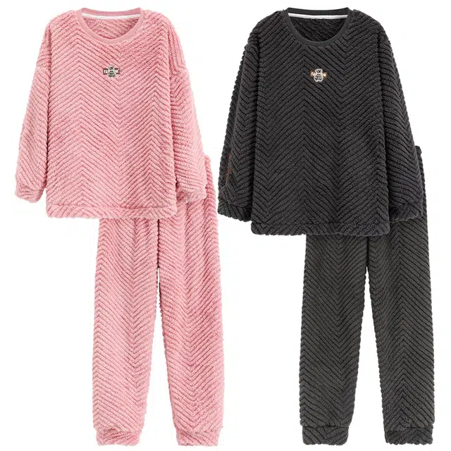 睦隆世家 冬季时尚情侣睡衣 可外穿珊瑚绒睡衣 冬天加绒加厚情侣保暖家居服套装  男女款  粉色黑色