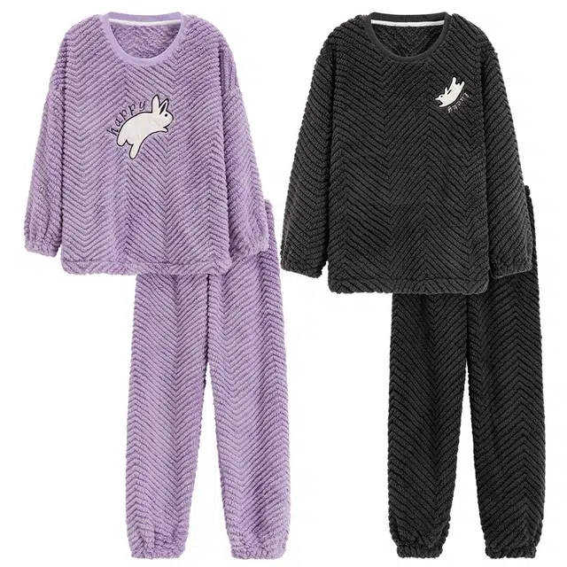 睦隆世家 冬季情侣睡衣 可外穿珊瑚绒睡衣 冬天加绒加厚情侣保暖家居服套装  男女款  紫色黑色